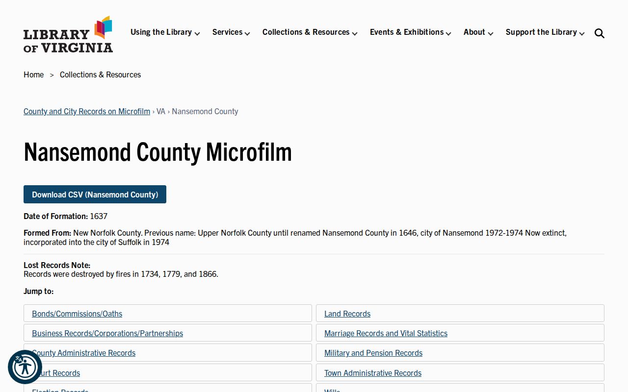Suffolk previous residents Library of Virginia Nansemond microfilm guide