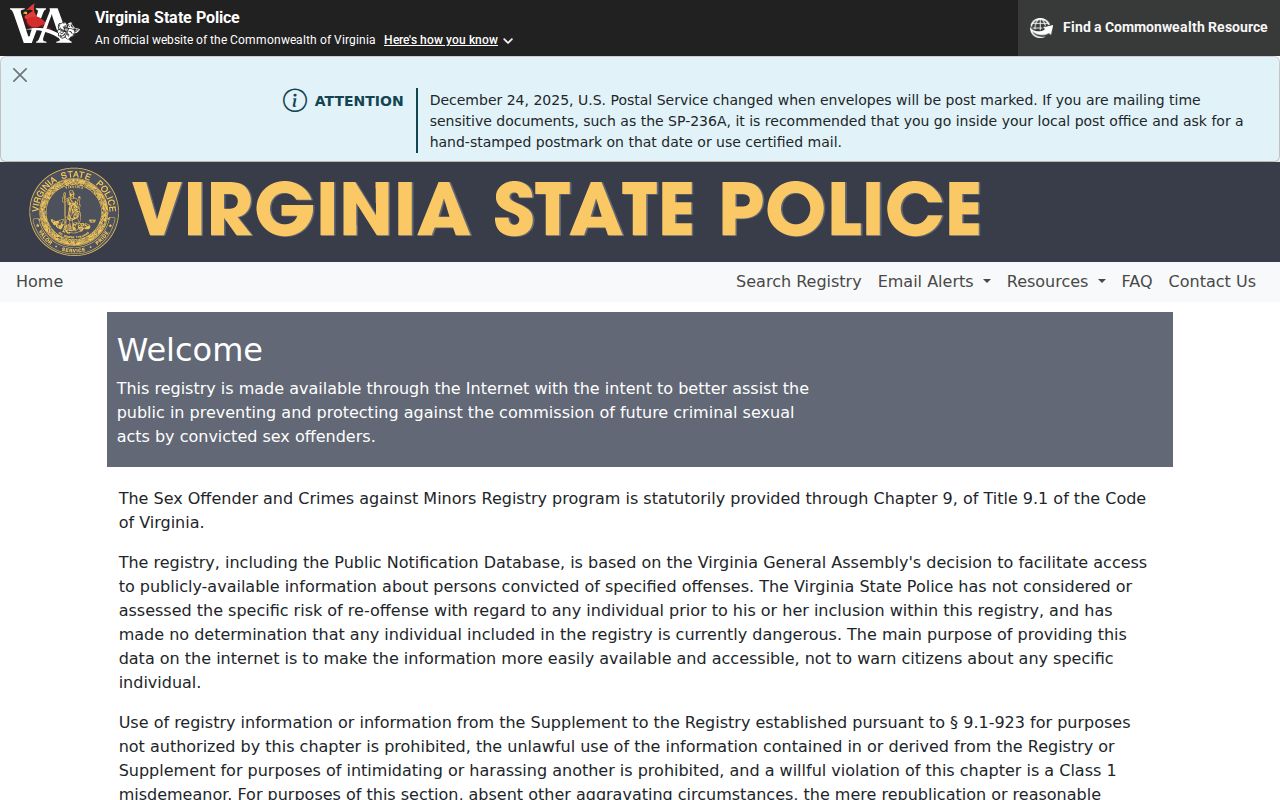 Suffolk resident lookup view of Virginia Sex Offender Registry search options