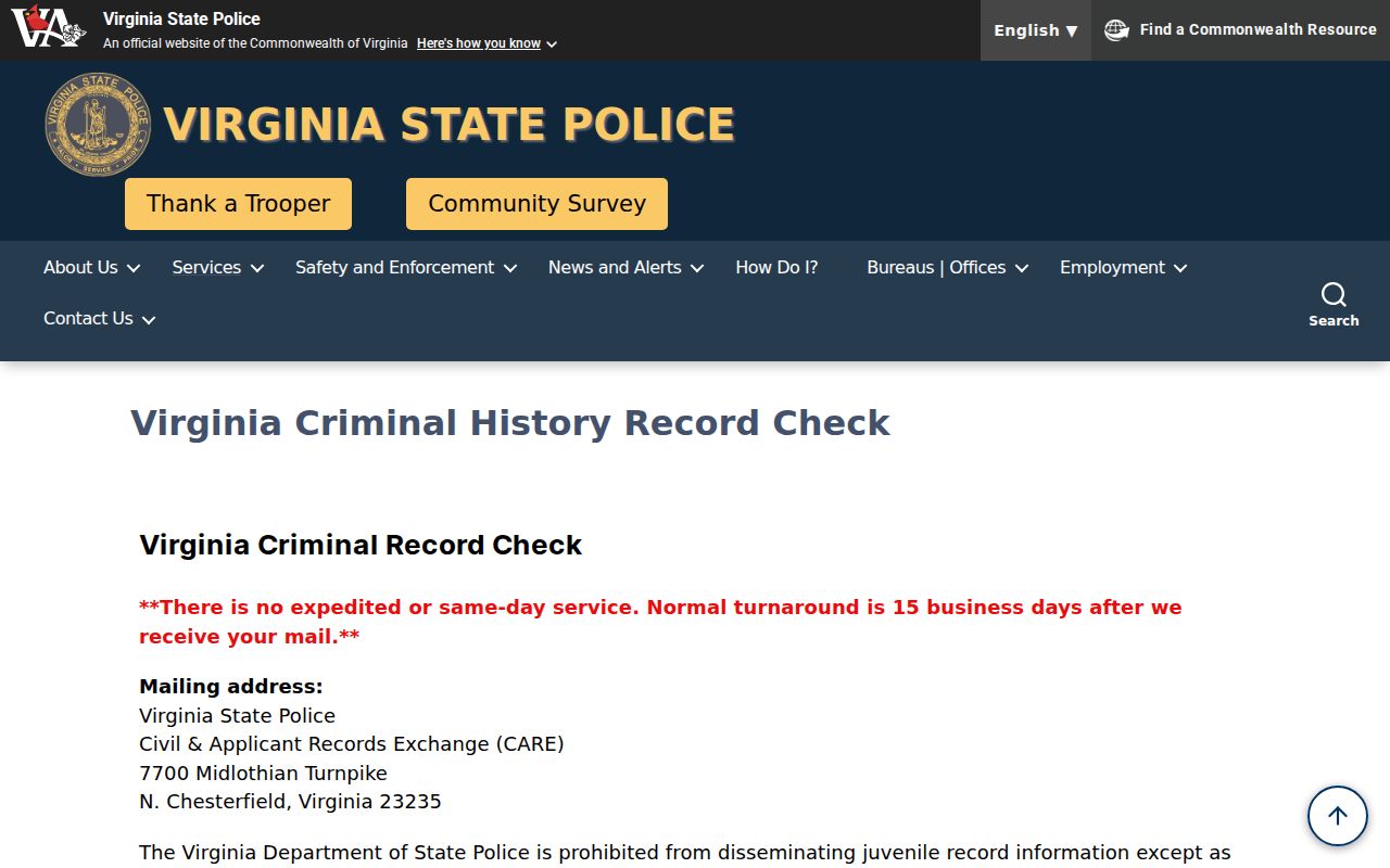 Suffolk resident lookup view of Virginia State Police criminal-history request information