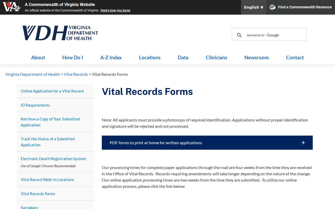 Suffolk resident lookup view of Virginia Vital Records application forms